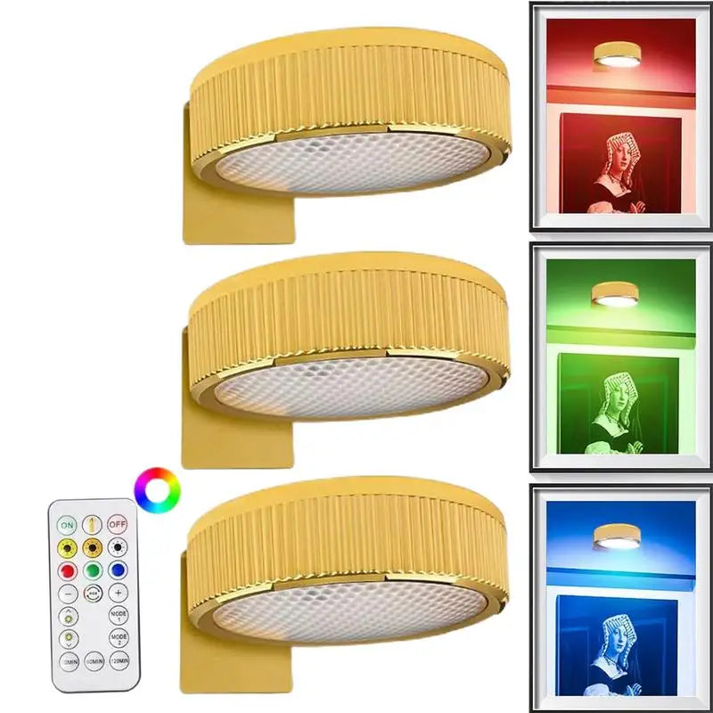 Remote-controlled LED picture lights (set of 3), dimmable & wireless for accent wall lighting.