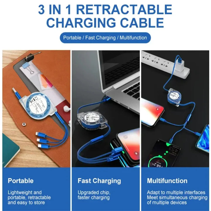 Versatile 3-in-1 charging cable with USB-A, USB-C, and Lightning connectors for all your devices.