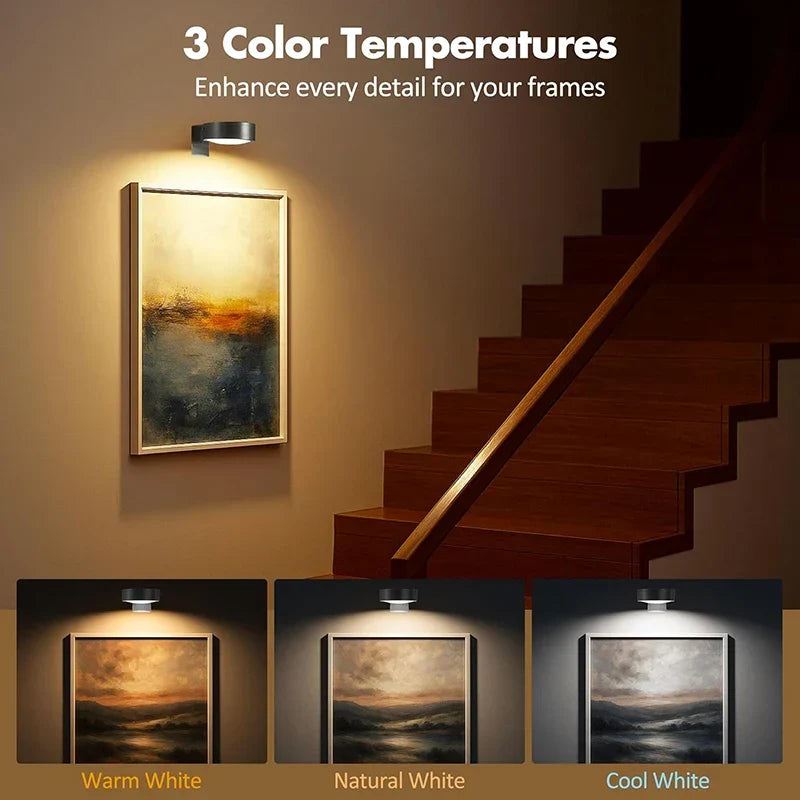 Magnetic LED picture lights (3-pack) for wall art, battery operated with convenient remote control.