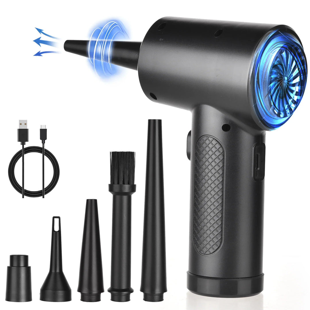 Cordless electric air duster for electronics. USB rechargeable for PC, keyboard, and car interior cleaning.