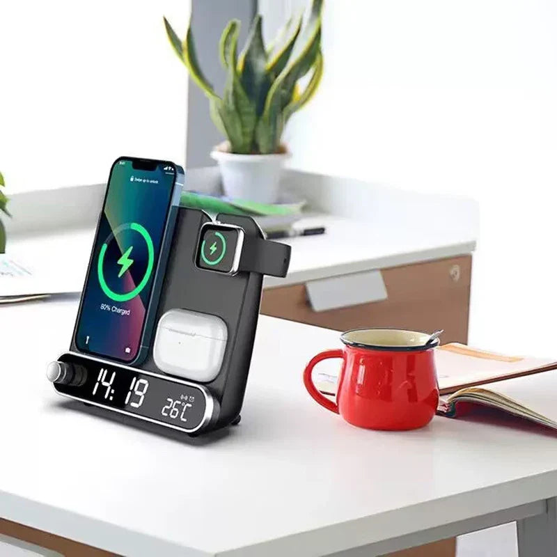 Tavvitaimp18 multi-device fast wireless charger, powers phones, earbuds. Perfect bedside organizer.
