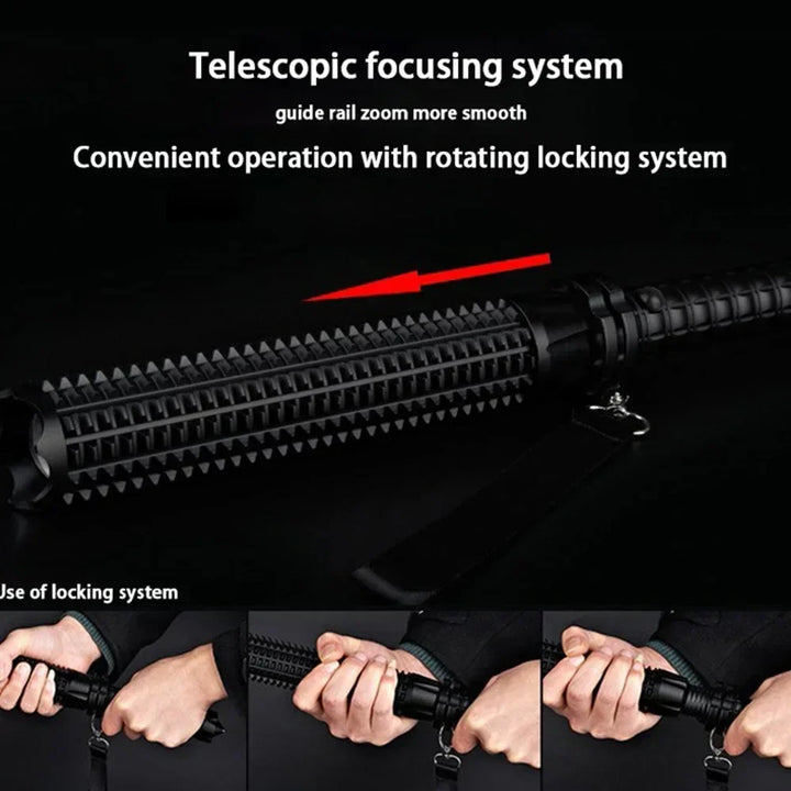 Tavvitaimp18 heavy-duty telescopic LED flashlight, adjustable focus for camping & emergency utility.