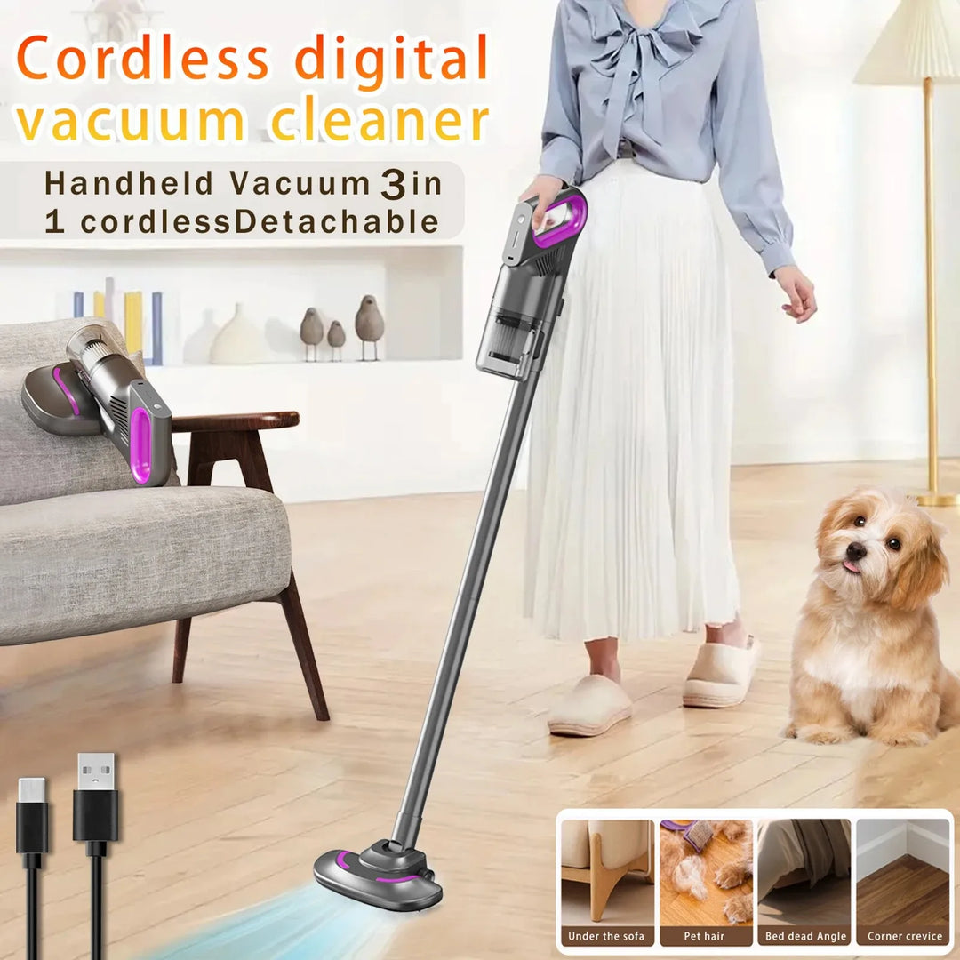 Portable purple cordless car vacuum cleaner tackling crumbs and dust from car seats and mats effortlessly.