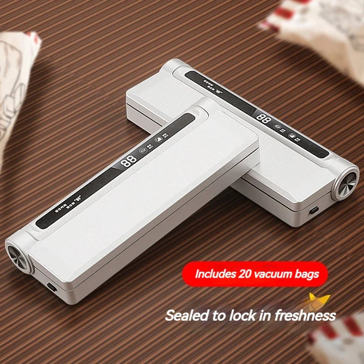 Seal food automatically with this white vacuum sealer, perfect for home kitchen food storage.