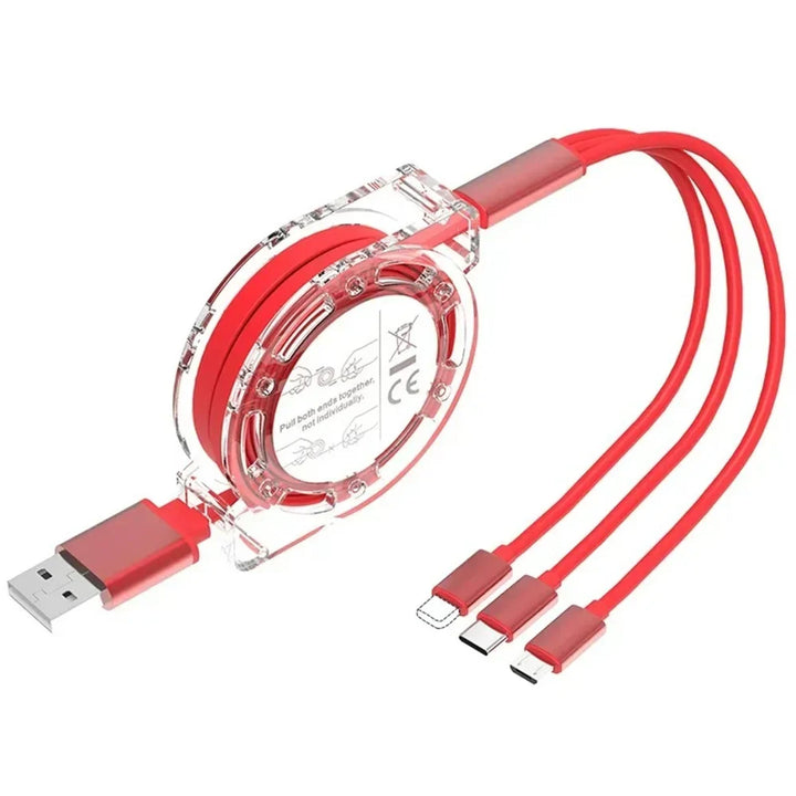 Universal 3-in-1 fast charging cable with USB, Type-C, and iPhone connectors for multiple devices.