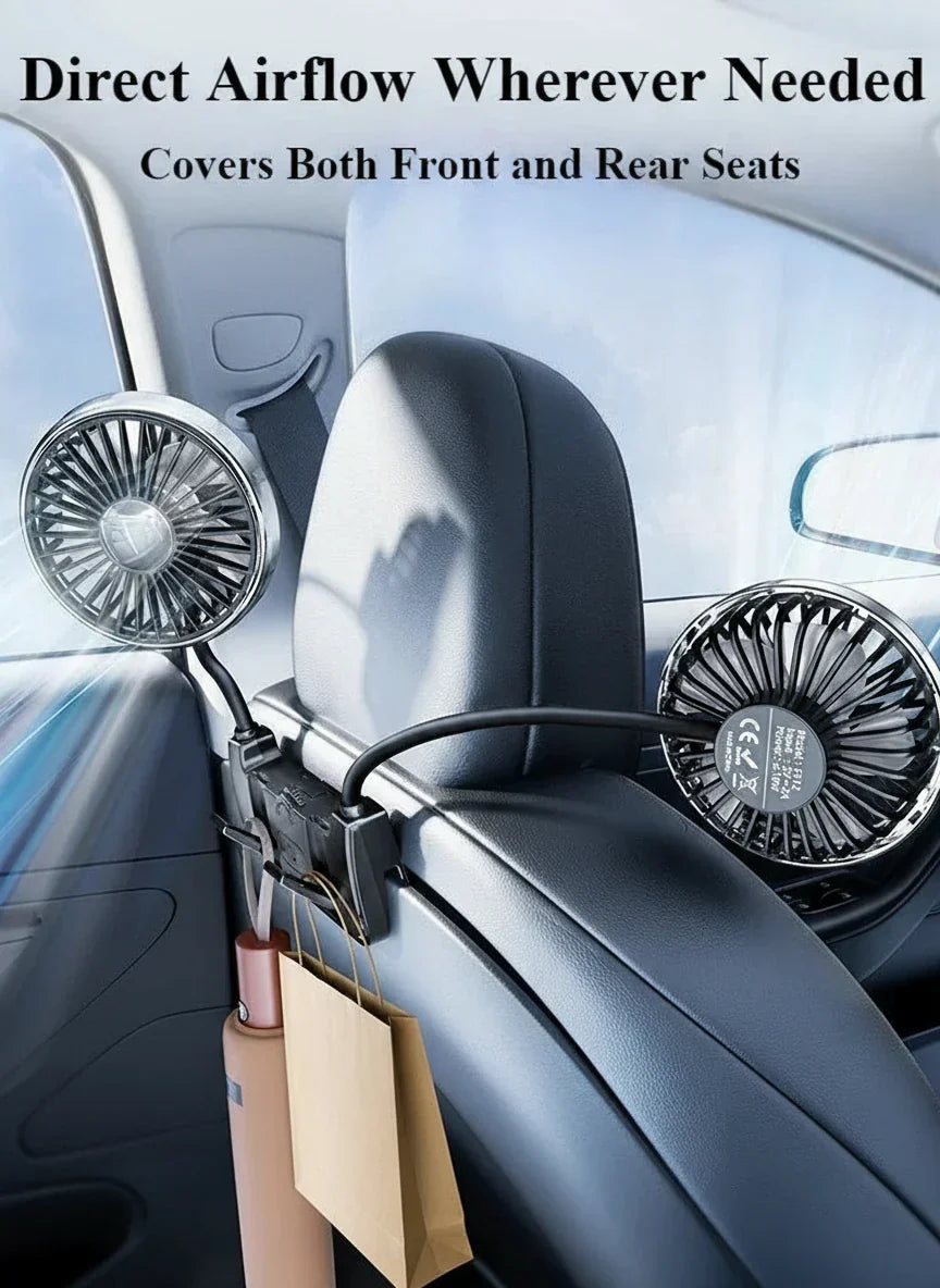 Portable auto accessory: Tavvitaimp18 dual-head car fan, USB-C compatible, perfect for backseat passenger cooling.