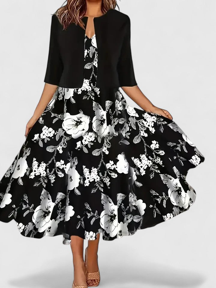 Flattering A-line colorblock midi dress for women featuring elegant floral print, flowy silhouette & stylish design.