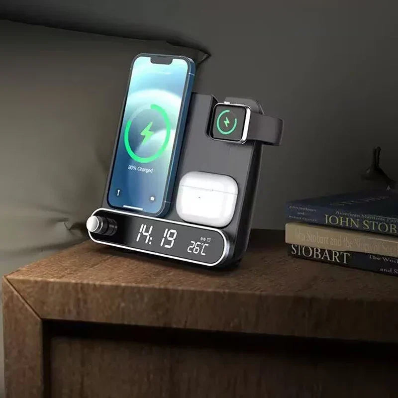 Sleek multi-device fast wireless charger with alarm clock. Qi compatible phone charging station for bedside.