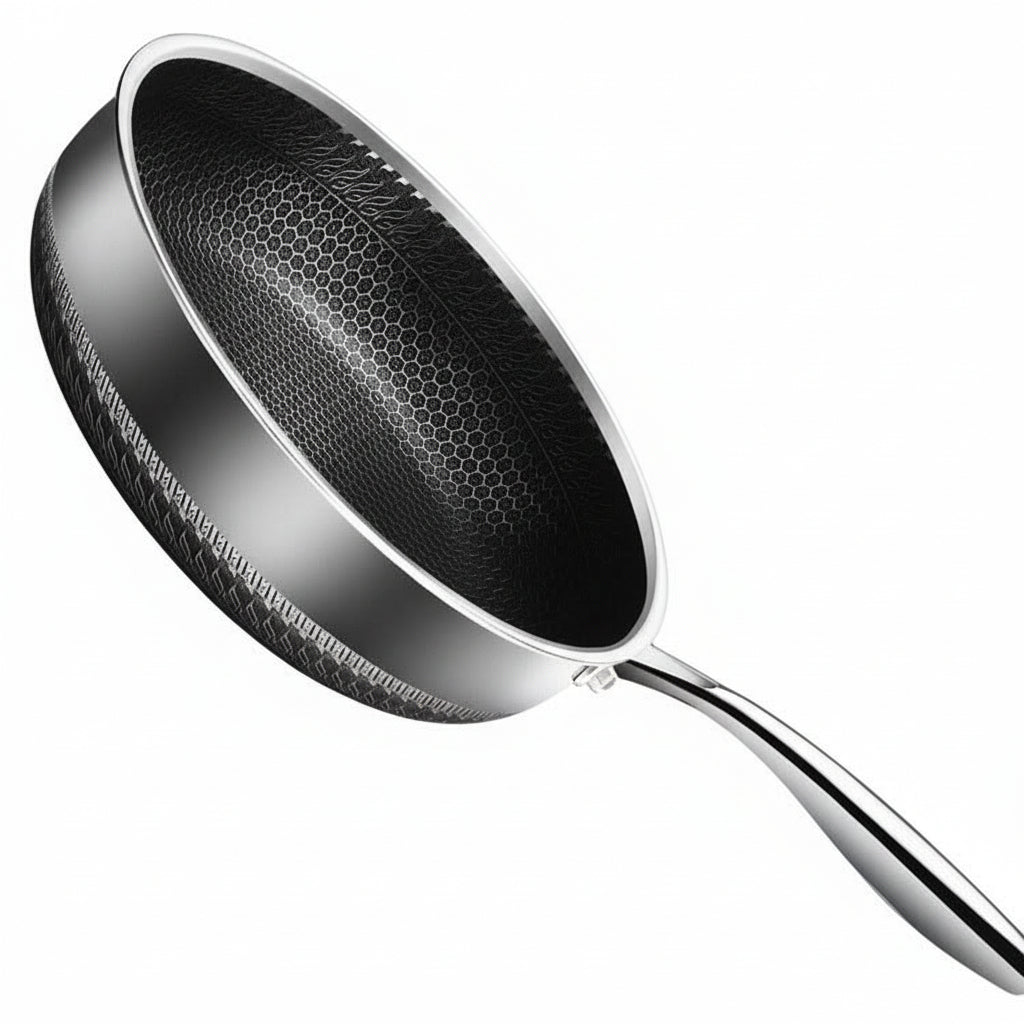 Uncoated stainless steel frying pan for professional cooking. Durable, induction ready kitchen cookware.