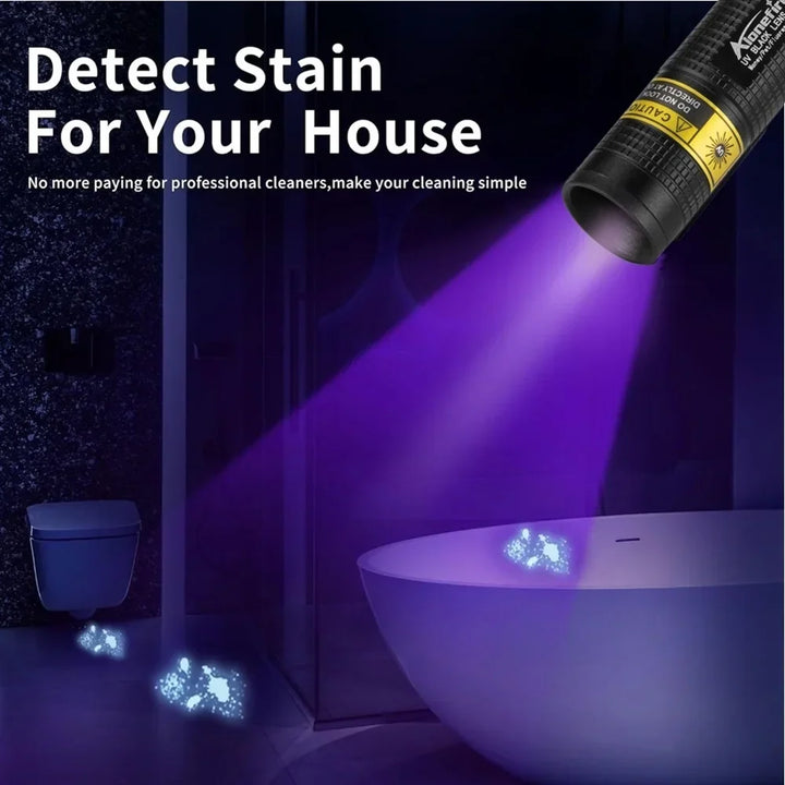 Versatile UV blacklight flashlight for pet stains, urine detection, leaks & household cleaning.