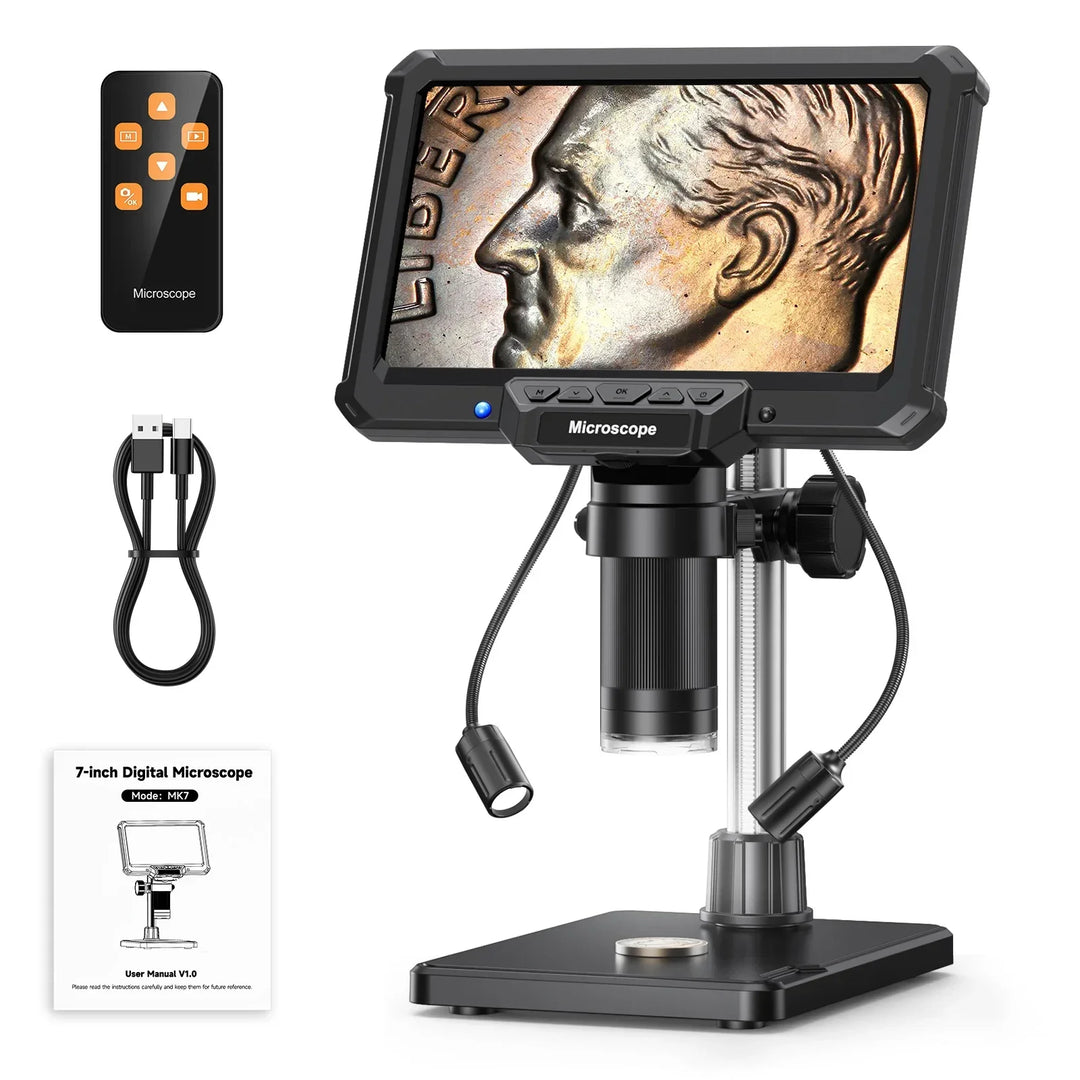 Professional 7-inch digital microscope for detailed PCB inspection, coin analysis, and electronics repair.