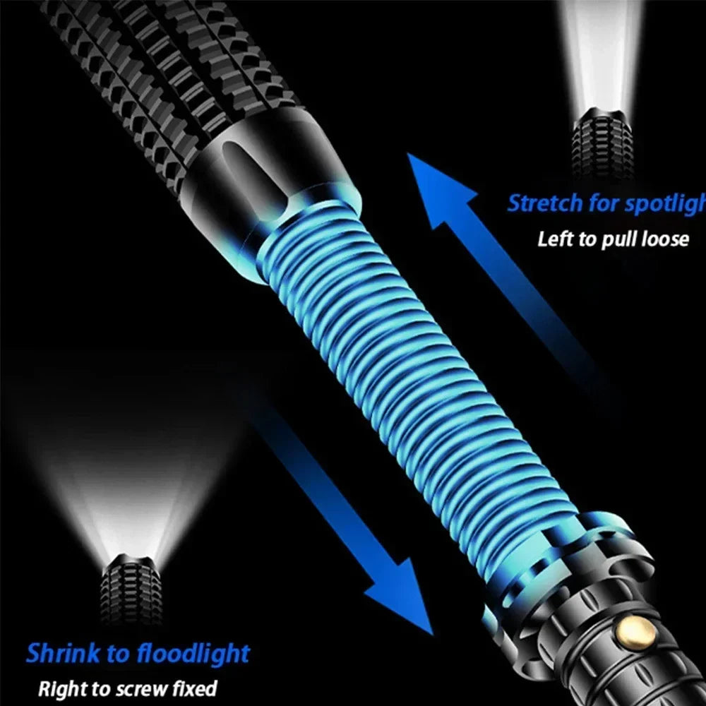Telescopic LED flashlight with adjustable focus, ideal for camping, emergency & outdoor tasks.