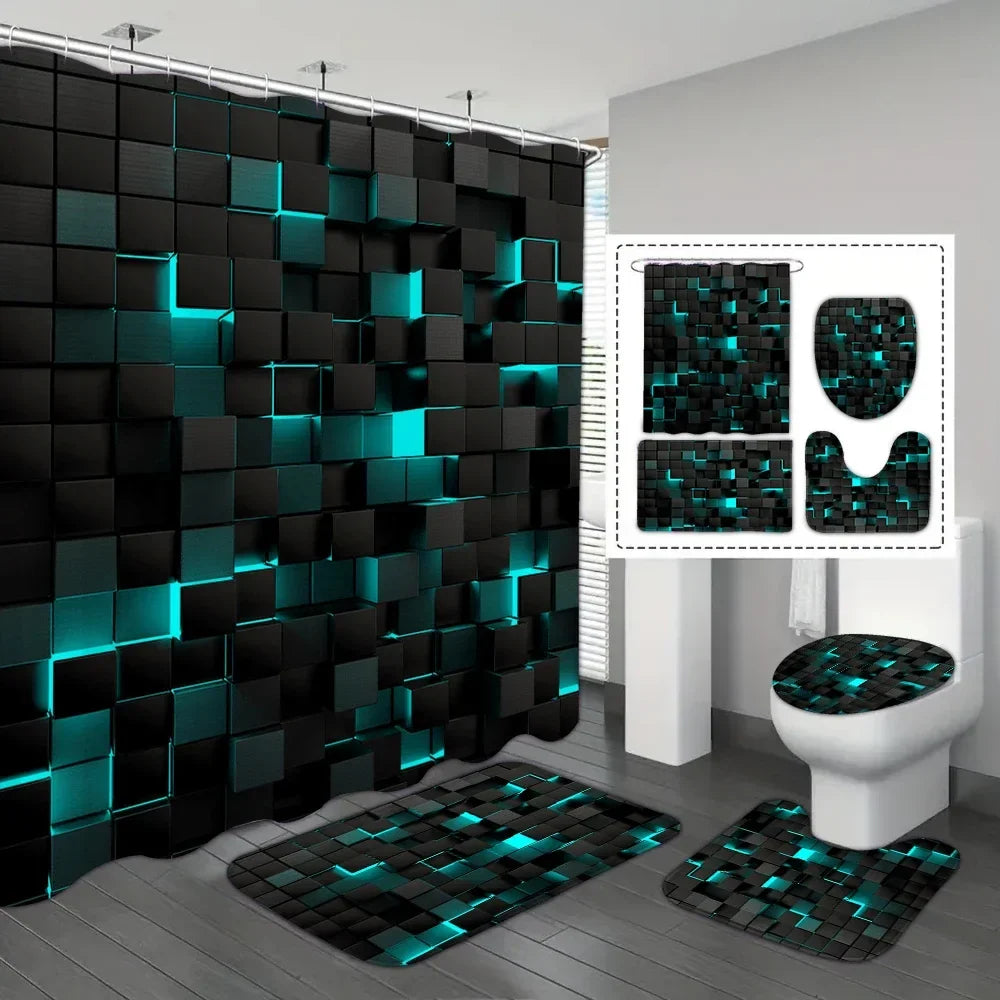 Complete 4-piece waterproof shower curtain, bath mat, toilet lid cover & rug set for coordinated home bathroom decor.