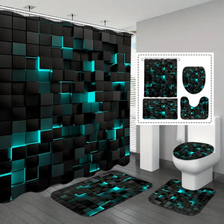 Complete 4-piece waterproof shower curtain, bath mat, toilet lid cover & rug set for coordinated home bathroom decor.