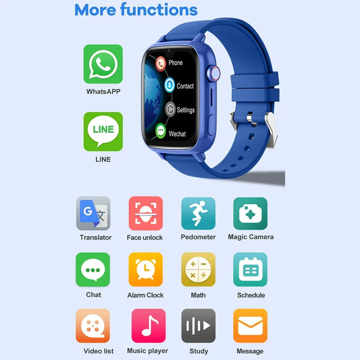 Durable children's smartwatch with GPS location, 4G video calling, and parental safety features.