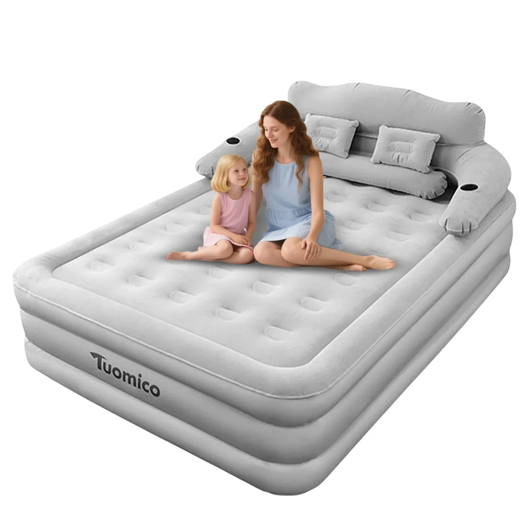 Unisex portable inflatable air mattress with integrated headboard, perfect for camping & outdoor adventures.