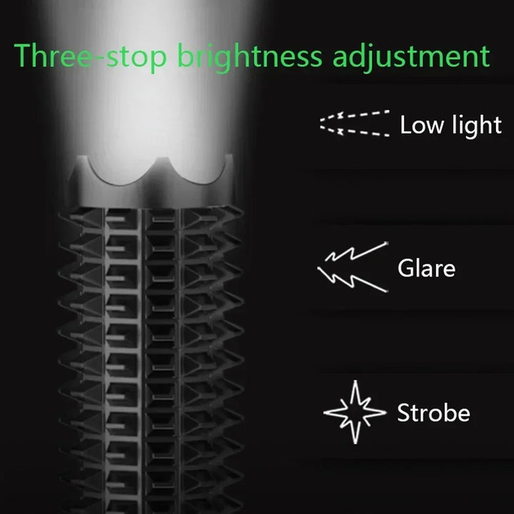Adjustable focus LED flashlight, heavy-duty telescopic design for camping & emergency preparedness.