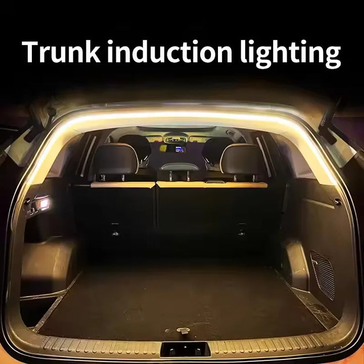 Motion sensor activated LED light strip for car trunk. Enhances vehicle interior with bright, wireless lighting.