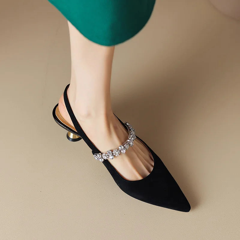 Stylish women's crystal strap pointed toe slingback heels, perfect party & formal dress shoes.