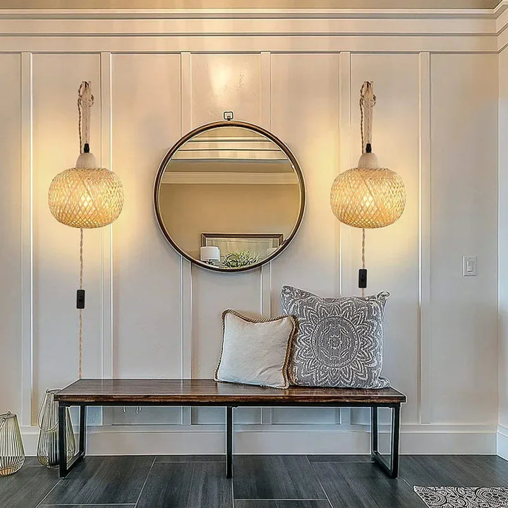 Rustic natural rattan wall sconce, artisan handcrafted lighting adds a unique home accent.