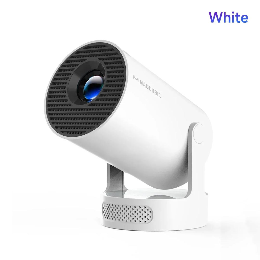Portable smart projector with included remote control, ready for easy home theater setup.