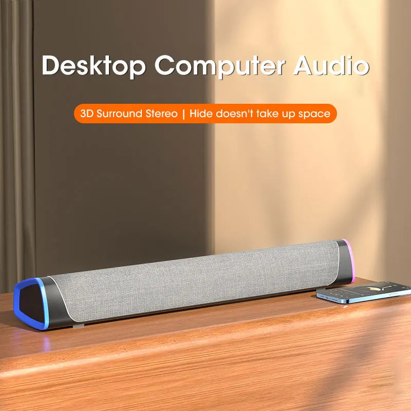 Universal Bluetooth speaker bar, ideal for home office PC & laptop setups, offering superior stereo audio.