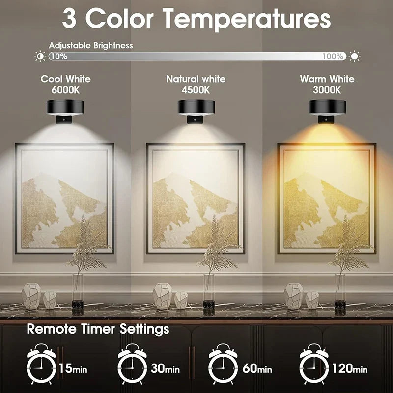 Cordless LED art lighting kit (3-pack) with magnetic mounts & remote for elegant home decor display.