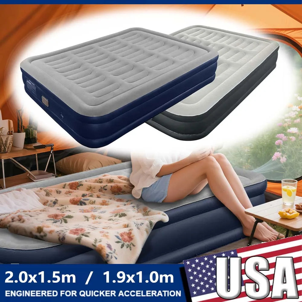 Camping Pad air mattress, blue & black, offers superior outdoor comfort for hikers. Built-in pump.