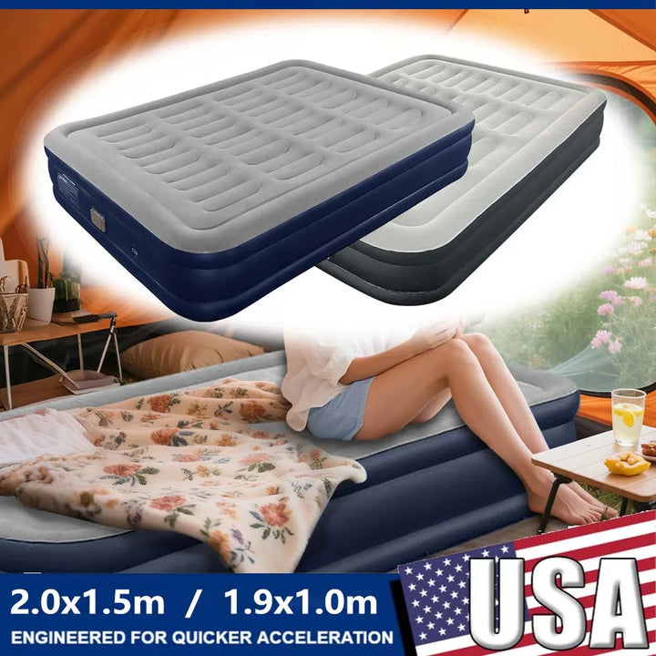 Camping Pad air mattress, blue & black, offers superior outdoor comfort for hikers. Built-in pump.