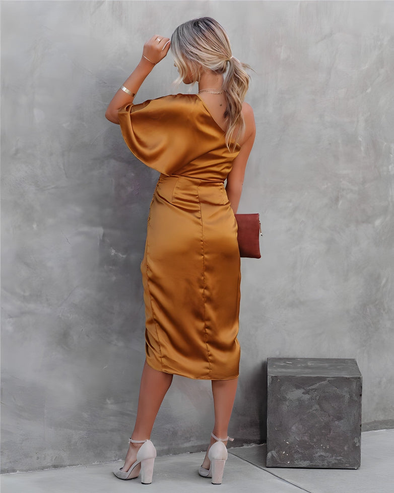Glamorous women's new off-shoulder asymmetrical midi dress, ideal for sophisticated evening wear.
