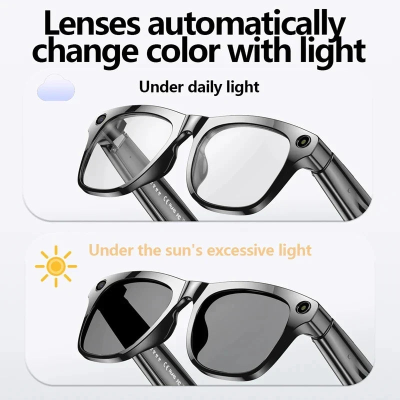 Capture photos and listen to music with these unisex smart glasses, featuring photochromic lenses & Bluetooth.