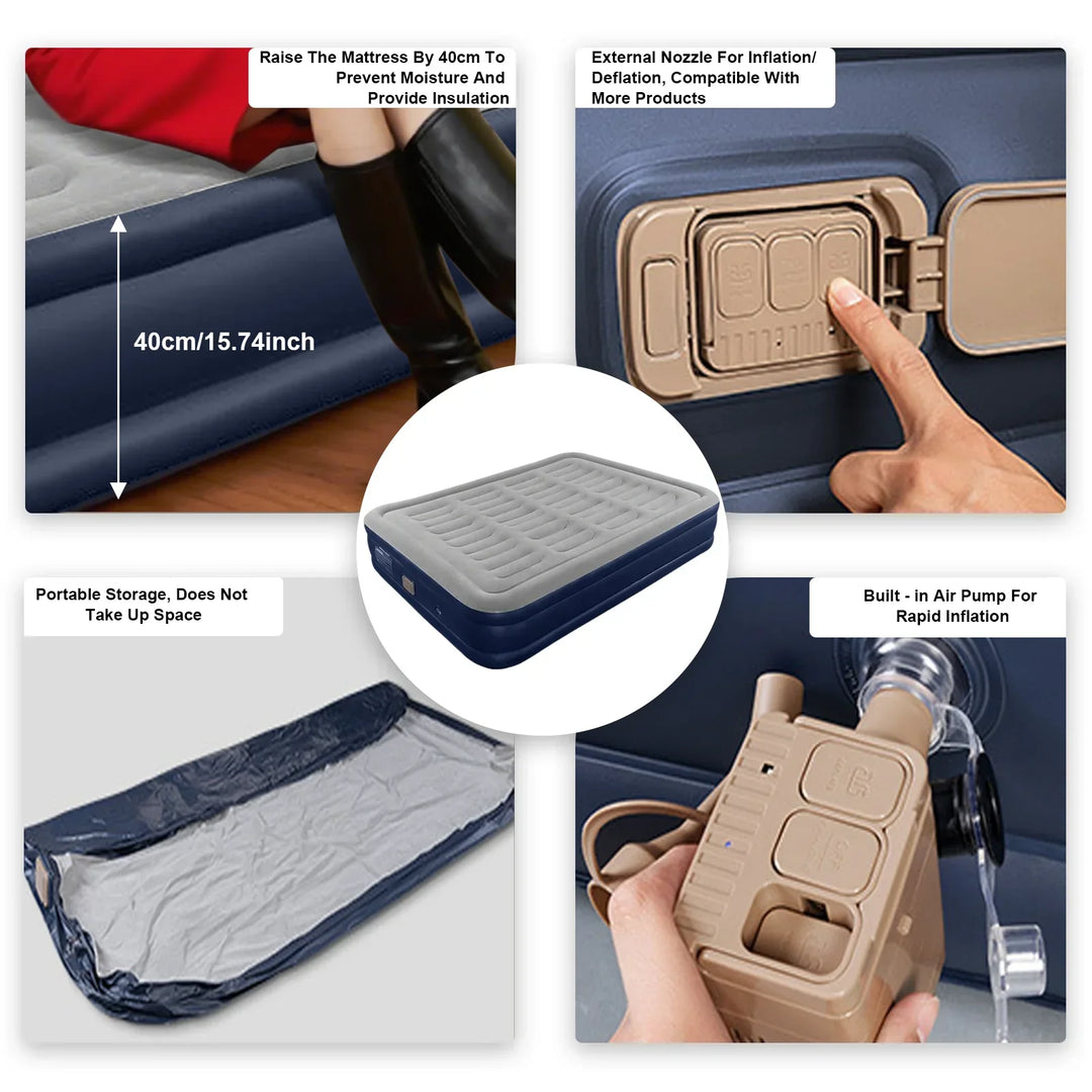Comfortable guest bed alternative: Black inflatable sleeping pad with integrated pump, perfect for travel.