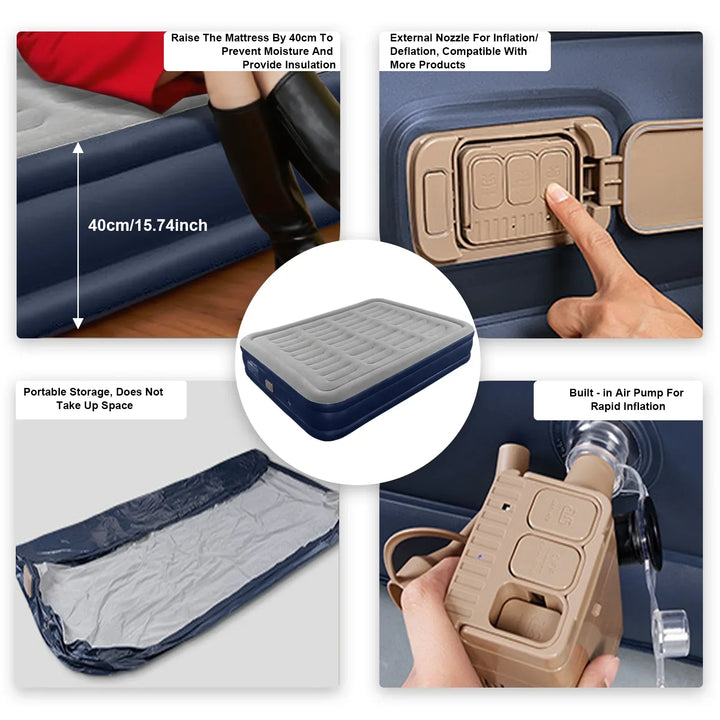 Comfortable guest bed alternative: Black inflatable sleeping pad with integrated pump, perfect for travel.