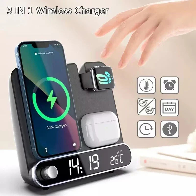 Modern wireless charger with digital alarm clock. Ideal bedside organizer for phone & tech accessories.
