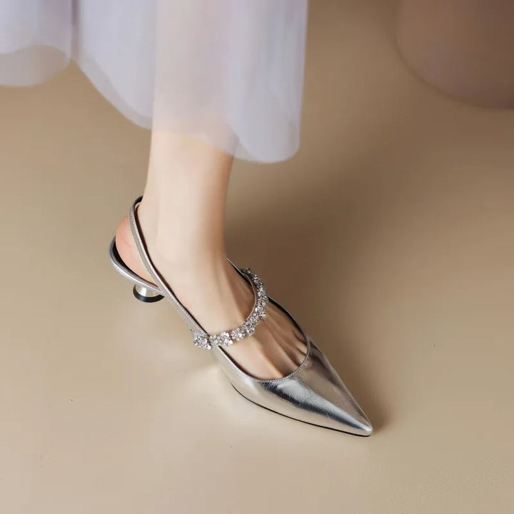 Glamorous silver women's crystal strap pointed toe slingback heels, perfect party pumps.