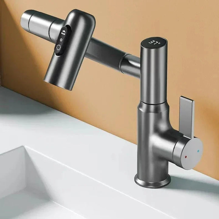 Modern smart faucet with LED display for kitchen or bathroom, featuring 360° swivel spout.
