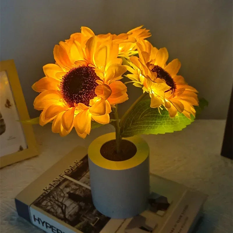 Vibrant LED sunflower table lamp, rechargeable and dimmable. Creates a warm, inviting ambient light.