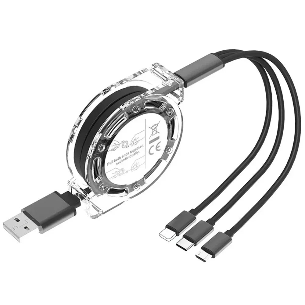 Essential 3-in-1 universal charging cable for Type-C, iPhone, and micro USB devices.