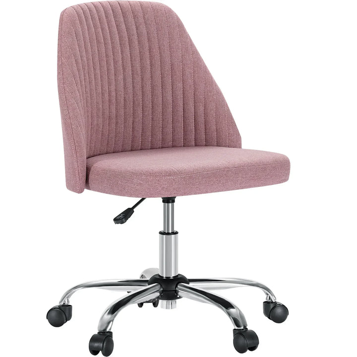 Back view of sleek, compact fabric swivel vanity chair, space-saving design, ideal for small office desks.