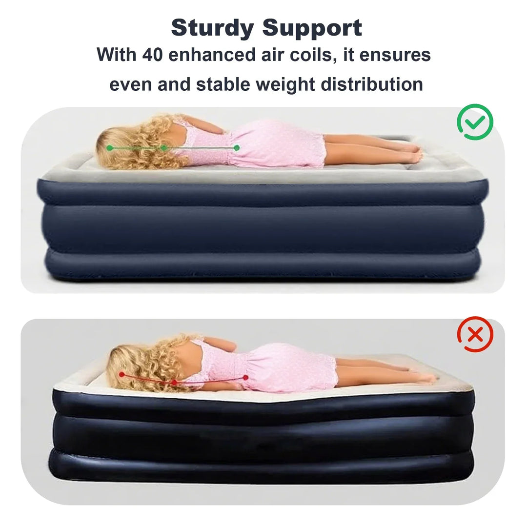 Deluxe blue inflatable sleeping pad for camping & hiking. Integrated pump for quick, effortless inflation.