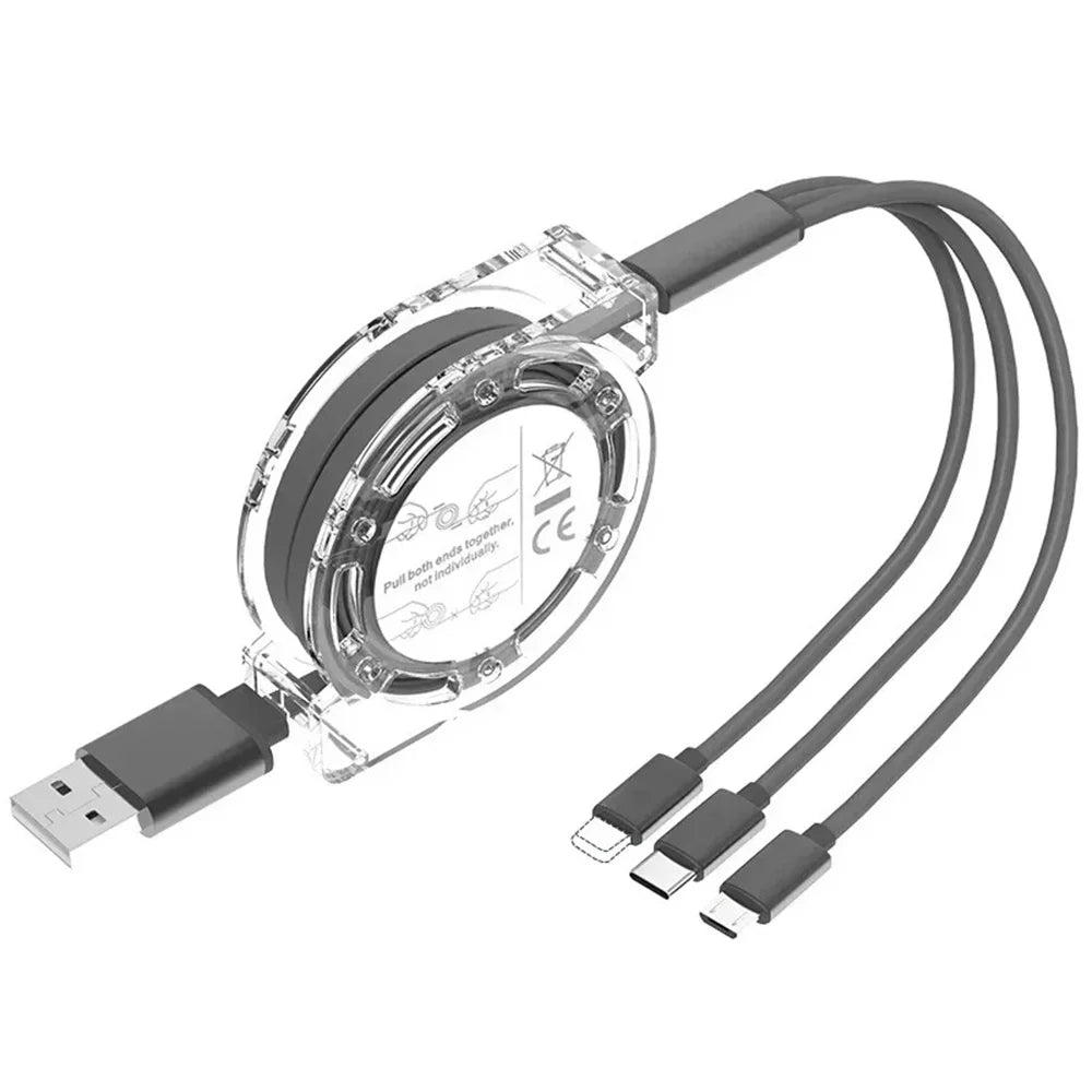 Charging multiple devices simultaneously with this universal 3-in-1 USB cable, perfect for on-the-go.
