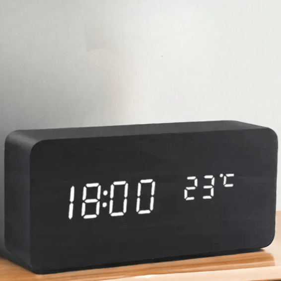 Premium natural wood LED smart clock, voice-controlled with integrated alarm for daily use.