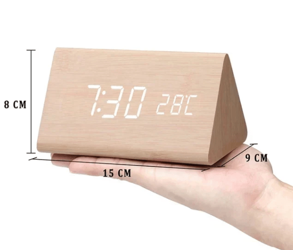 Stylish wooden LED display clock with voice control and alarm, a versatile home decor item.