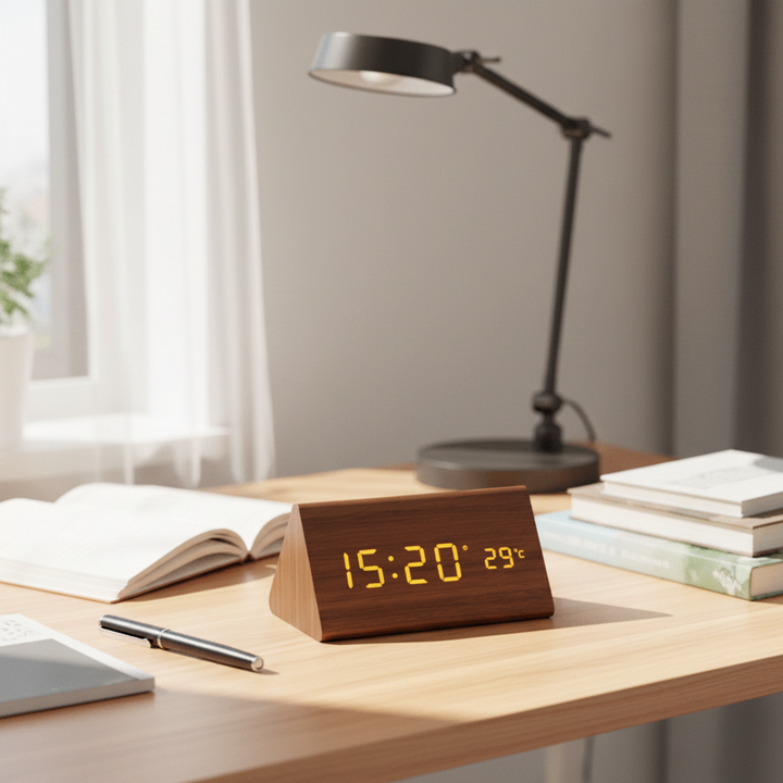 Contemporary wooden LED block clock with smart voice features and a clear alarm display.