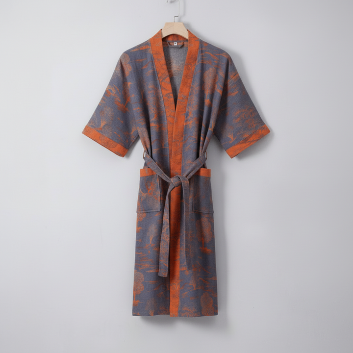 Soft unisex ginkgo leaf kimono bathrobe, lightweight and colorful, perfect for home & spa luxury.