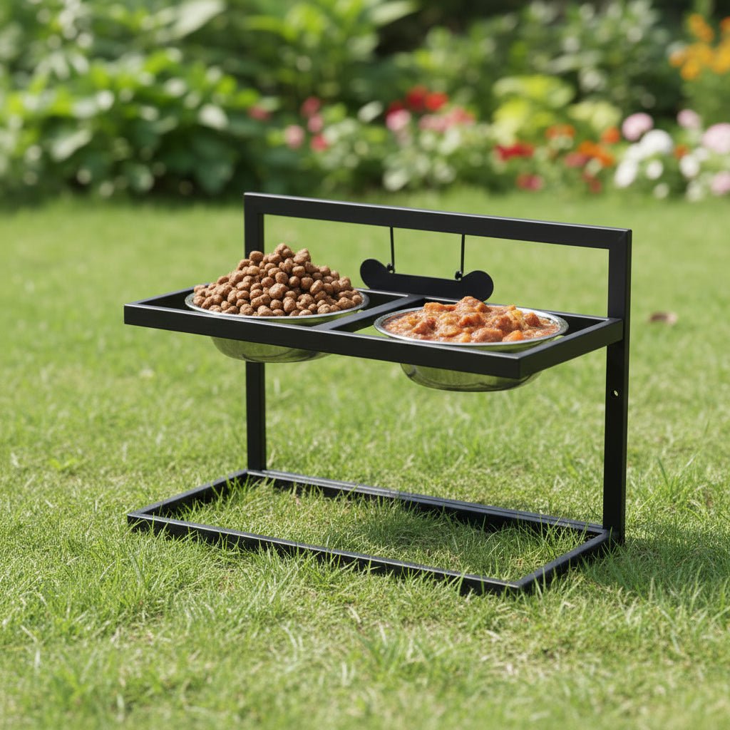 Elevated dog feeding station with stainless steel bowls for large dogs, promoting healthy posture & joint health.