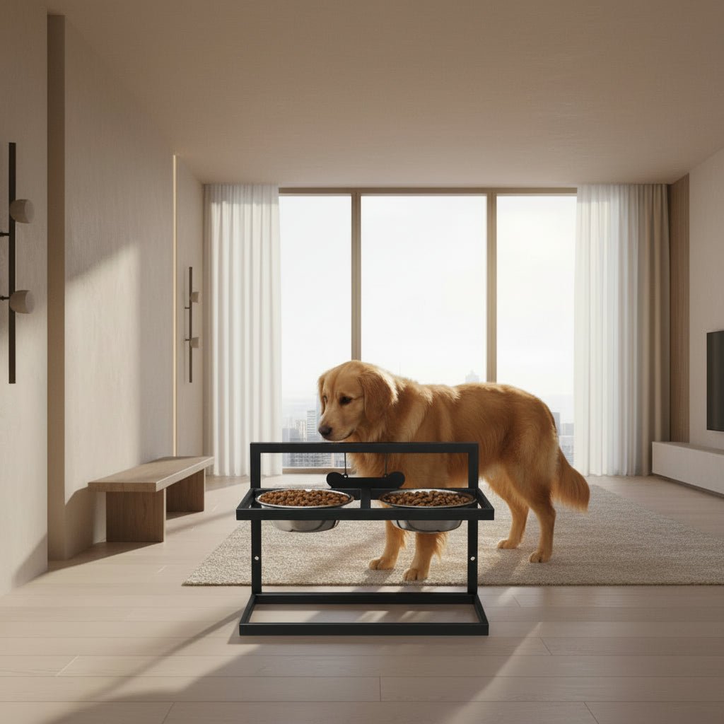 Modern elevated dog feeder with two durable stainless steel bowls, designed for comfortable pet dining & care.