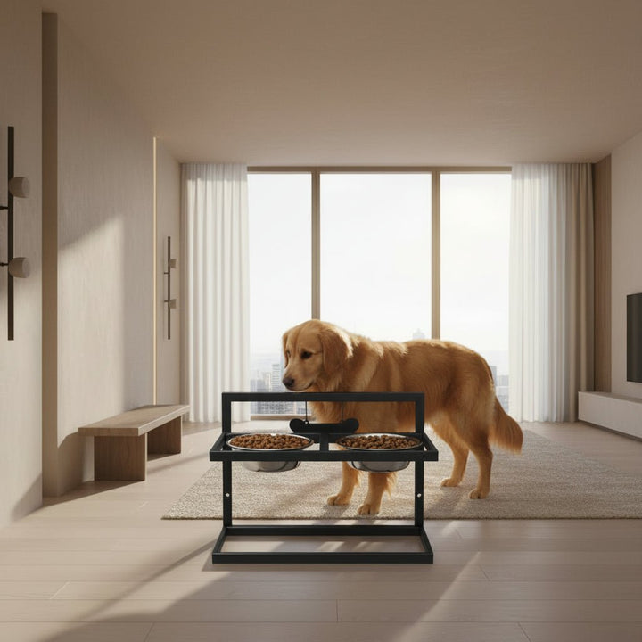 Modern elevated dog feeder with two durable stainless steel bowls, designed for comfortable pet dining & care.