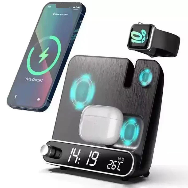 Sleek, black Qi compatible fast wireless charger. Tech accessory with integrated alarm clock for modern homes.