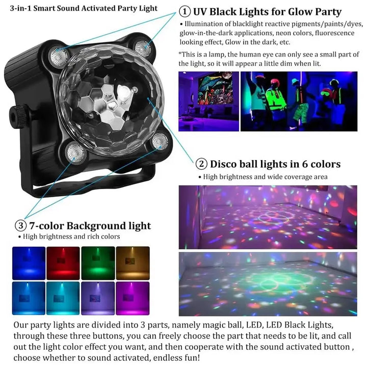 Bright RGB DJ light with sound activation, transforms any room into a vibrant stage for karaoke & dance parties.
